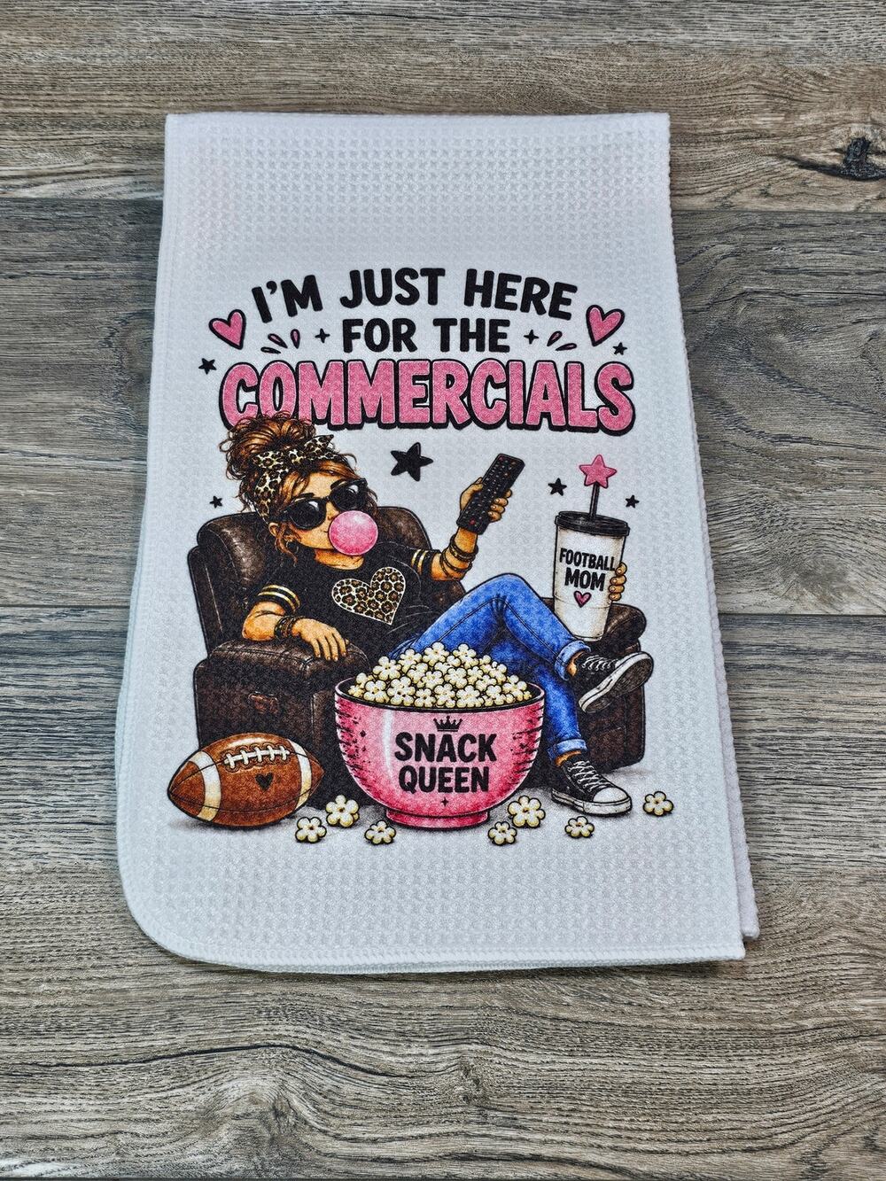 Football Mom Funny Kitchen Towel Just Here for the Commercials Game Day Gift
